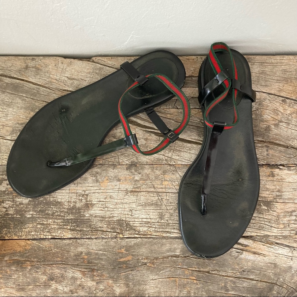 Gucci web leather ankle strap thong sandals